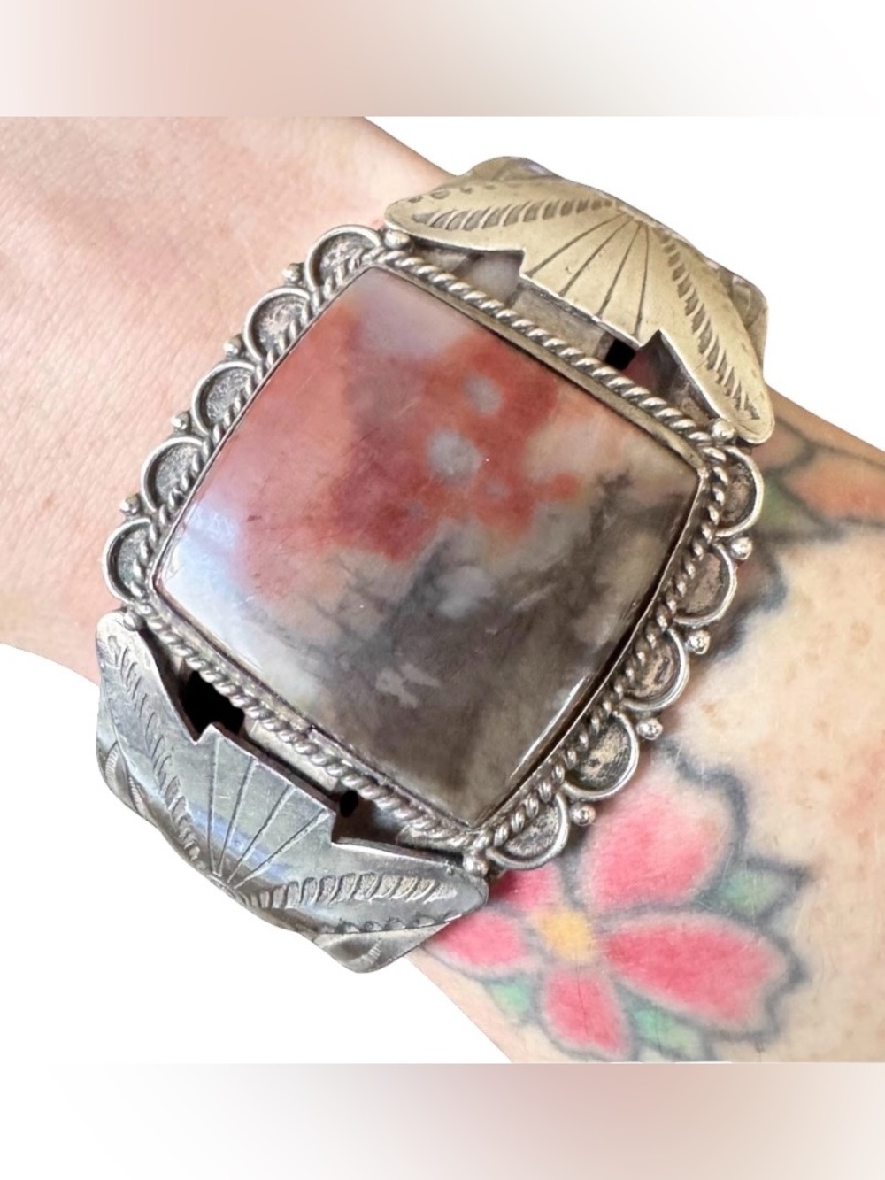Vintage 1940s Navajo Fred Harvey Era Heavy Sterling Silver Petrified Wood Cuff - Picture 10 of 10